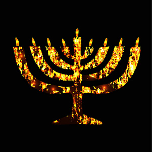 Chanukia 金色烛台。犹太节日的光明节。黑色背景上的矢量插图