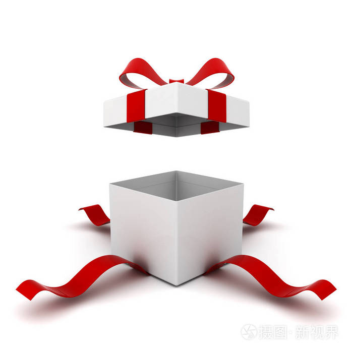 打开礼品盒带红色丝带弓的礼物盒在白色背景与阴影3d渲染分离