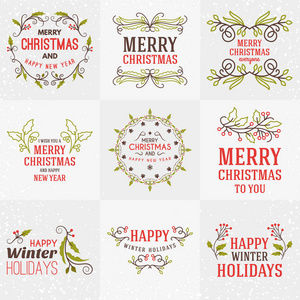 快乐的圣诞节和新年装饰徽章问候一套卡或邀请。矢量图。排版设计元素。红色 绿色和棕色的颜色主题