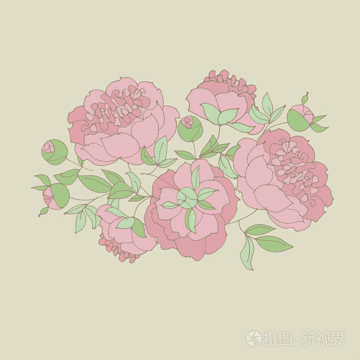 嫩牡丹花矢量插画.手绘花卉图案, 婚礼请柬, 平面设计