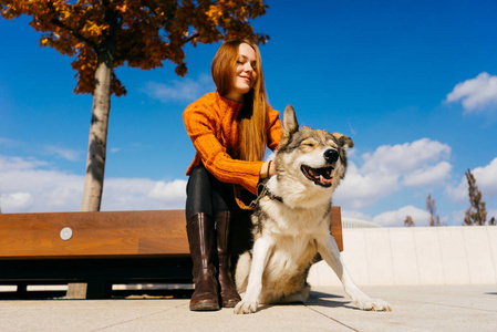 微笑的 redhaired 女孩坐在公园的木凳上, 熨她的大狗