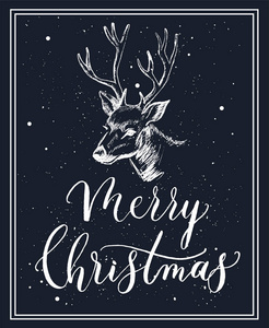 圣诞快乐书法和刻字卡与鹿 ve