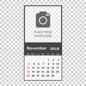 2018年11月日历。带有 pl 的日历规划器设计模板