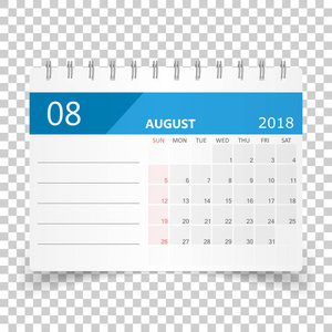 8 月 2018年日历。日历策划设计模板。周 sta