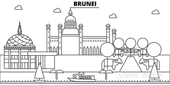 可编辑笔画.城市天际线插图.平面设计向量, 线概念