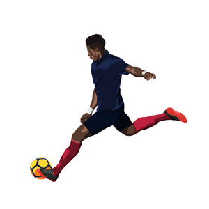 足球运动员在深蓝色泽西运行和踢球。vect