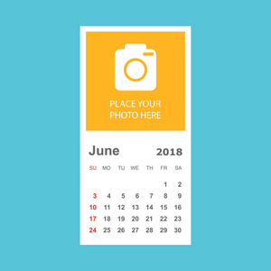 2018年6月日历。带有位置的日历规划器设计模板
