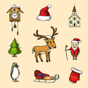 刻在旧的素描和老式风格的标签手绘。圣诞或圣诞节快乐, 新年珍藏。冬季节日装饰。布谷鸟钟, 教堂和企鹅, 袋子与礼物和鹿