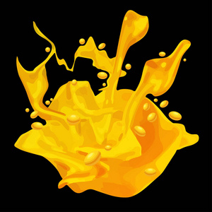 黄色橙汁或蜂蜜污点。甜, 污迹, 溅, 在黑色背景滴。液体喷射, 不同的形式, 抽象的形式。股票载体