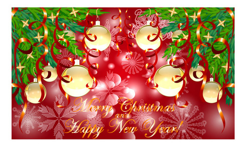 长方形红色圣诞节背景与雪花, 针叶树枝在角落, 装饰用金黄球, 星, 丝带。快乐的圣诞节和新年的题词