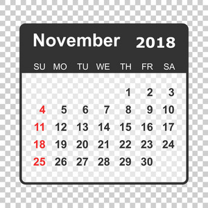 11 月 2018年日历。日历策划设计模板。周 s