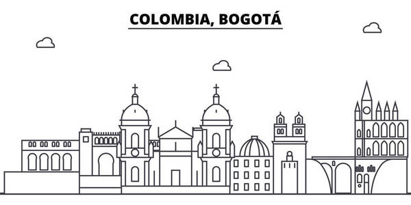 哥伦比亚, 波哥大建筑天际线建筑, 剪影, 轮廓景观, 地标。可编辑笔画。城市天际线插图。平面设计向量, 线概念