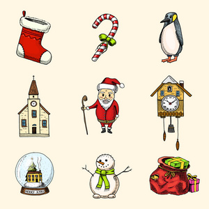 刻在旧的素描和老式风格的标签手绘。圣诞或圣诞节和新年快乐的集合。冬季节日装饰。雪人和铃铛, 礼物和棒糖, 感觉靴子, 雪球