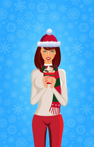 可爱的女孩与长的褐色头发穿戴在圣诞老人帽子和冬天 c