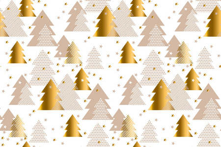 优雅的金色和白鸽的图案。新年快乐圣诞树无缝图案插图。概念圣诞节纺织品和包装纸矢量主题