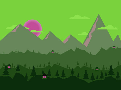 夜景与照明的家, 森林和山的背景。矢量插图