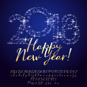 矢量星贺卡新年快乐2018。字母数字和符号的书法套