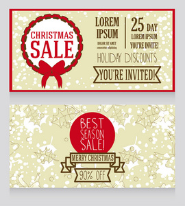 两个横幅圣诞季节性销售复古风格与冬青图案
