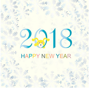 版式横幅新年快乐。蓝色的雪花框, 黄色的滑稽可爱的狗水彩效果对白色股票矢量插图