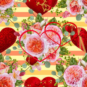 花卉无缝花纹。插花, 花束精致美丽的粉红色玫瑰, 绿色浆果, 叶子。心形图