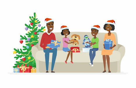 愉快的非洲家庭打开圣诞节礼物卡通人物插图