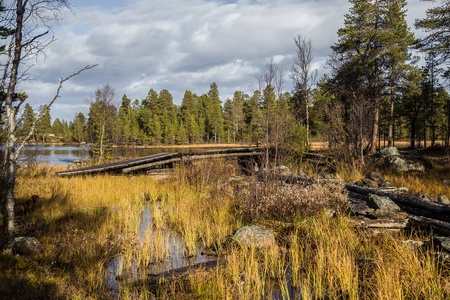 一个美丽的秋季风光的历史水道运输木材之间的湖泊。木制建筑。Femundsmarka 国家公园秋季