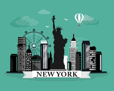 酷图形纽约市天际线海报与复古外观详细的设计元素。具有地标的纽约景观
