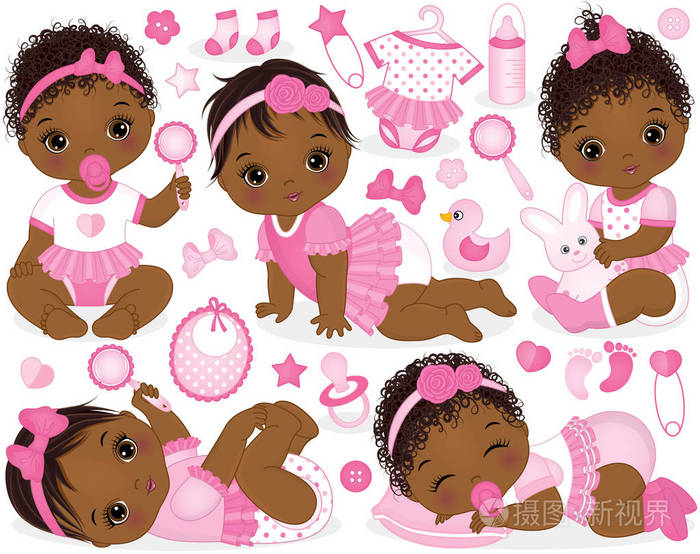 矢量设置与非洲裔美国女婴, 玩具和配件