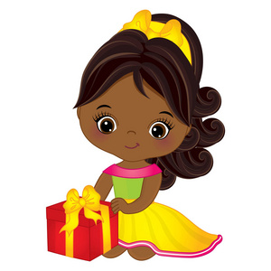 矢量可爱的小非洲裔美国女孩与礼品盒