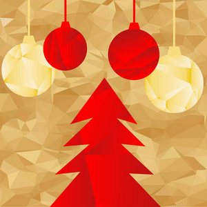 金色背景的红色和金色的多边形球和圣诞树