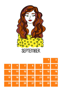 9月。日历.月.漂亮女孩。白色背景上的孤立矢量对象