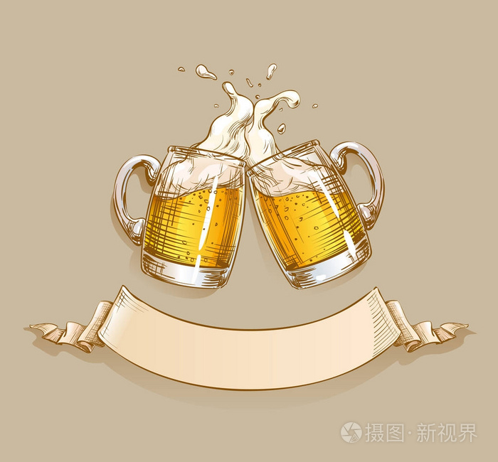 两杯啤酒碰杯在一杯啤酒泡沫飞溅.