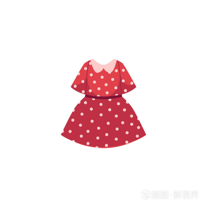 矢量平面卡通小女孩红色虚线连衣裙