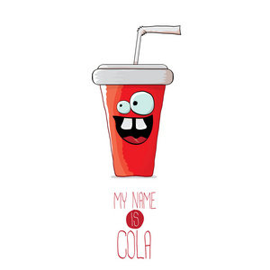 矢量搞笑卡通可爱的红党纸可乐杯与橙色秸秆隔离在白色背景照片