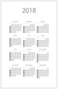 2018年的简单日历。周从星期日开始