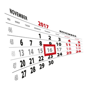11月16日在日历2017中突出显示。周从星期一开始