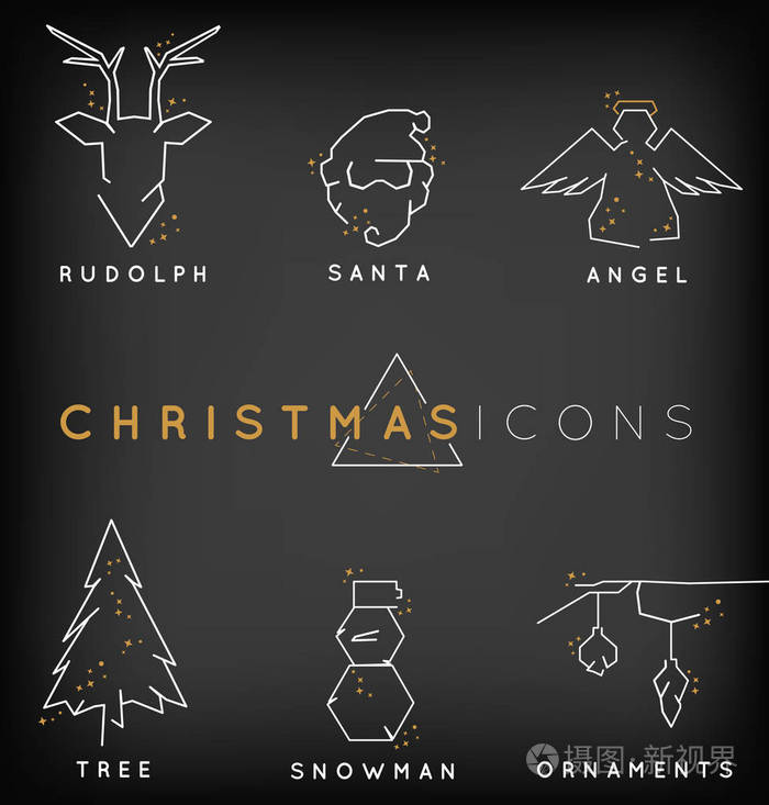 收集最小线圣诞插图, 在黑暗的背景闪闪发光。驯鹿, 圣诞老人, 天使, 雪人, 圣诞树和装饰品