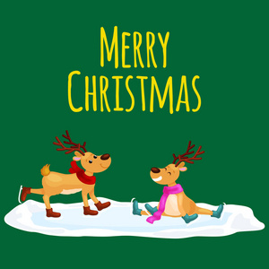 圣诞驯鹿用牛角和围巾滑冰在冰乐趣愉快地花费时间除夕前夕假日, 冬天动物鹿矢量例证