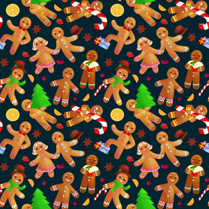 无缝模式圣诞曲奇饼的人和女孩用冰跳舞装饰在帽子上的乐趣树礼物, 圣诞节甜食物矢量插图