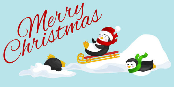 两个快乐可爱的圣诞企鹅在帽子和围巾雪橇滑雪雪冰幻灯片在除夕的新年。问候向量图