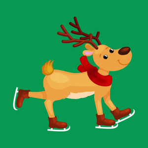 除夕卡通圣诞驯鹿用牛角和围巾滑冰在冰乐趣愉快地花费时间除夕前夕