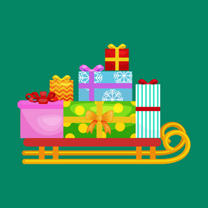 圣诞礼物栈盒上的雪橇, 冬季节日圣诞礼物用丝带矢量插图装饰