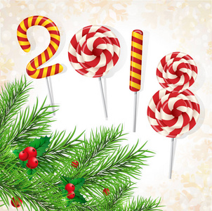 圣诞背景2018的糖果与雪和一棵圣诞树