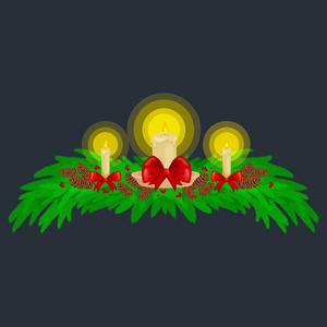 圣诞装饰品, 如蜡烛上的云杉树枝装饰精美的弓和丝带。快乐的新年矢量插画照明蜡烛灯