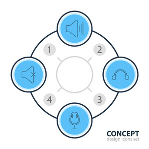 矢量插图4音乐图标。可编辑的包装无声, 音量上升, 麦克和其他元素