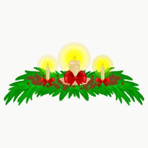 圣诞装饰品, 如蜡烛上的云杉树枝装饰精美的弓和丝带。快乐的新年矢量插画照明蜡烛灯