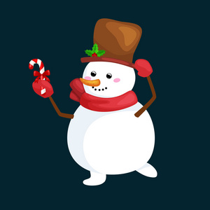 圣诞节白色雪人在帽子和围巾与糖果为庆祝新年向量例证