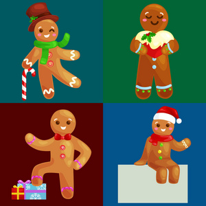 设置圣诞节饼干姜饼人装饰与结冰跳舞和有乐趣在帽子树礼物, 圣诞节甜食物矢量插图