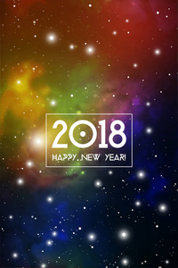 占星术新年2018贺卡或日历盖子在宇宙背景。空间背景下的神圣几何学圣诞节矢量设计