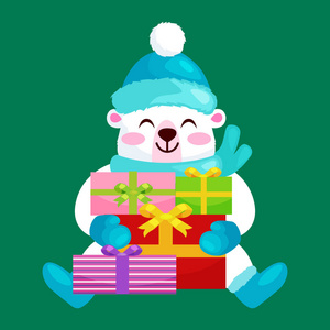 可爱的圣诞熊在寒假和新年前夕坐在欢乐的礼物。泰迪在衣服温暖的手套, 围巾靴子帽子快乐的喜悦矢量插图